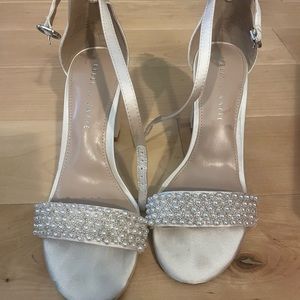 Kelly and Kate Silver Satin Pearl Shoes- Size 7.5